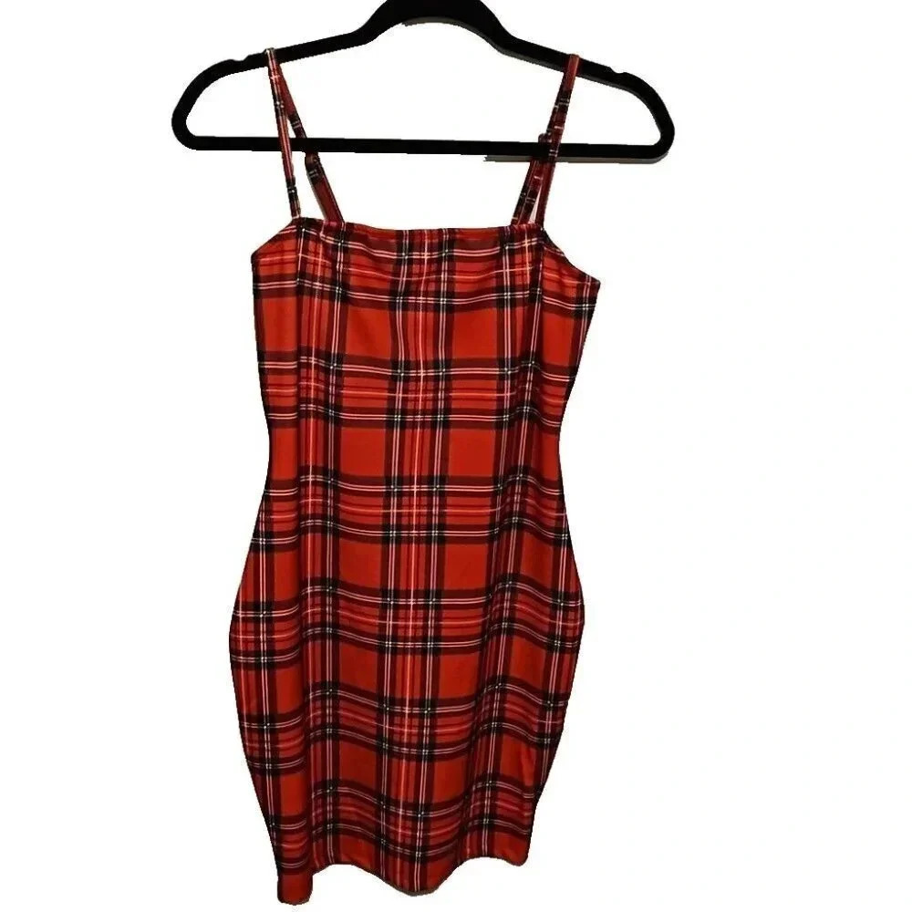 Red Plaid Bodycon‎ Mini Dress Juniors Size Small with adjustable straps